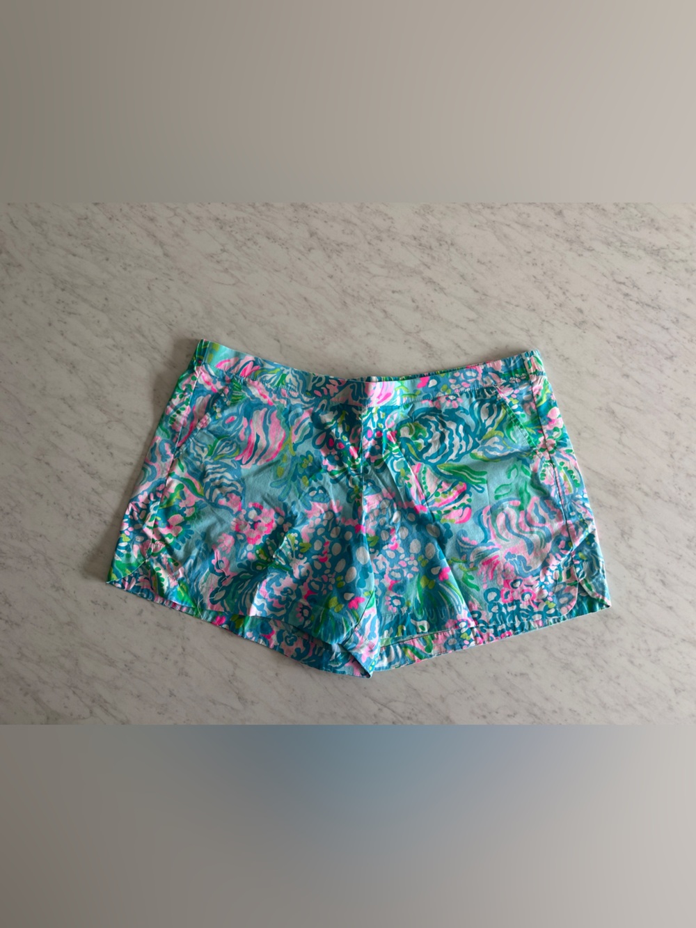 Lilly Pulitzer Aqua Floral Swim Trunks with Pink & Green Accents